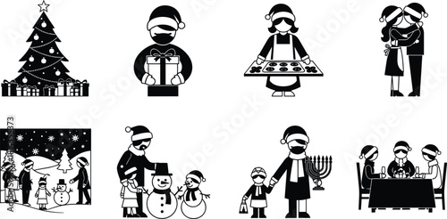 Christmas family celebration silhouette set, festive scenes with tree, gifts, baking, snowman, hugs, dinner, holiday traditions, winter black vector icons