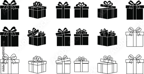 Christmas gift box icon collection with ribbons, bows, open presents, holiday packaging designs, festive winter silhouettes, black and outline graphic set