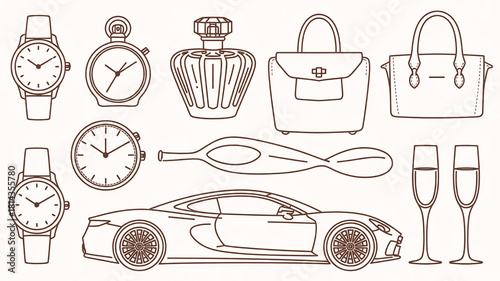 Set of luxury lifestyle icons line art vector design elements isolated on white background