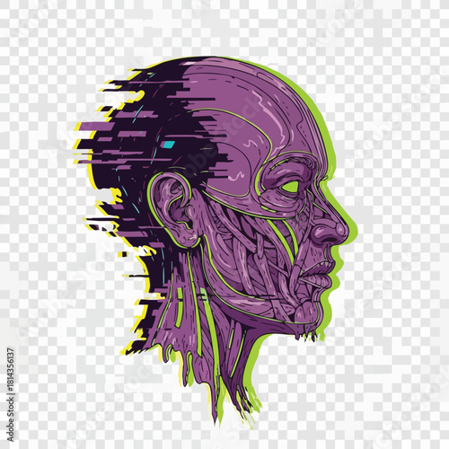 An interesting illustration of a human head in profile, rendered in purple, black, and green with glitching effects, suggesting a futuristic or technological theme.