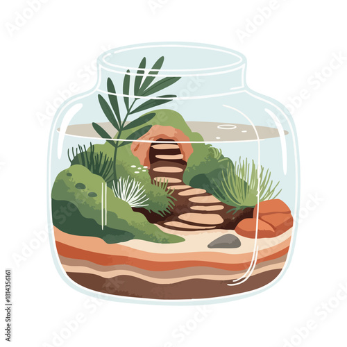 A charming terrarium illustration showcases a miniature landscape with layered soil, lush greenery, a stone staircase, and a serene, water-filled environment.