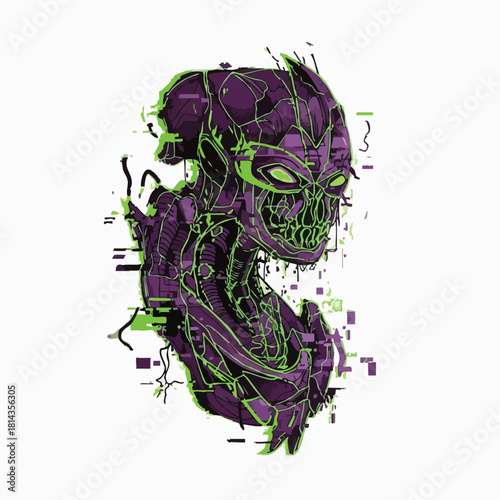 A digital illustration of a futuristic alien cyborg with intricate details and a vibrant color palette evokes a sense of advanced technology and otherworldly presence.