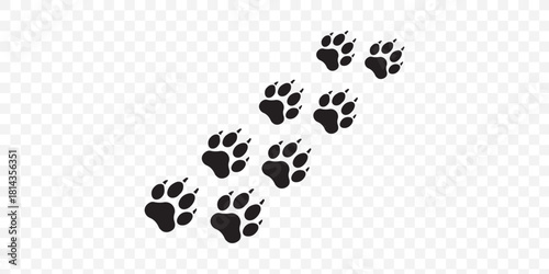 Seamless background displays a pattern of black animal paw prints scattered across a clean white backdrop, creating a playful and modern design perfect for various creative projects