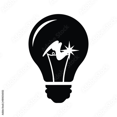 Black light bulb silhouette with glowing filament and starburst white idea