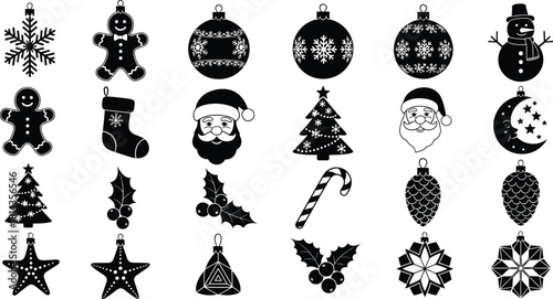 Christmas holiday icon bundle with snowflakes, gingerbread men, ornaments, Santa faces, trees, holly leaves, candy cane, moon, festive silhouettes