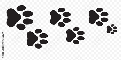 Seamless vector pattern of diverse animal paw prints, including dog, cat, and bear footprints, in a black silhouette design