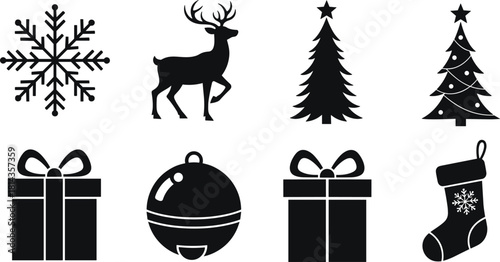 Christmas icon silhouette set, festive symbols, black and white, holiday clipart, snowflake, reindeer, gift box, ornament, stocking