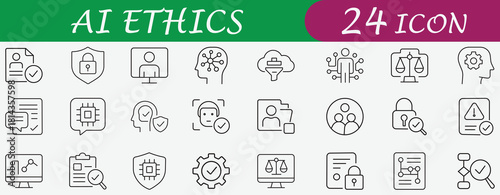Artificial Intelligence Ethics Icon Set. Vector symbols for governance, fairness, transparency, bias, privacy, trust, and algorithm regulation