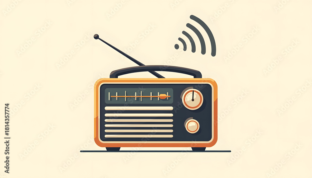 Obraz premium Retro radio illustration with signal waves on a cream-colored background
