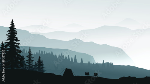 a morning camping in misty mountain forest