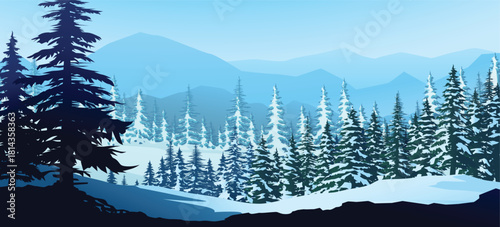 a winter forest landscape with snowy mountains
