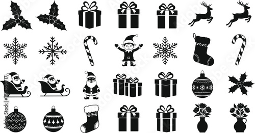 Christmas silhouette icon bundle with holly, gift boxes, snowflakes, elf, reindeer, sleigh, stockings, candy canes, ornaments, festive holiday decoration set