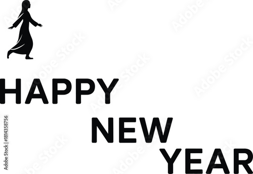 Happy New Year celebration illustration with walking silhouette figure, festive greeting message expressing joy, hope, renewal and positivity