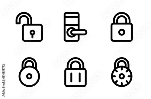 Secure lock icon set featuring modern protection and privacy symbols designed for safety visuals, access control graphics, and professional security projects