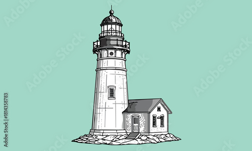 Detailed lighthouse illustration with attached building on rocky shore, guiding beacon symbol of safety navigation coastal architecture design