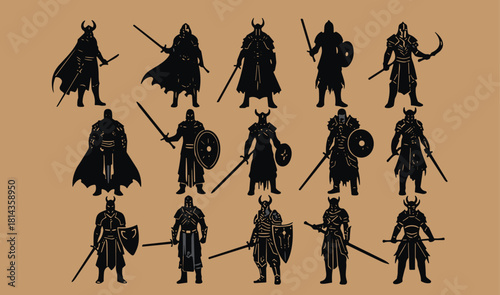 Silhouette collection of medieval warrior figures holding weapons, ancient fighter poses, heroic battle stance illustration for design use