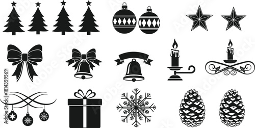 Christmas silhouette icon bundle, festive holiday elements including trees, ornaments, stars, bows, bells, candles, snowflakes, pine cones, gift box design set