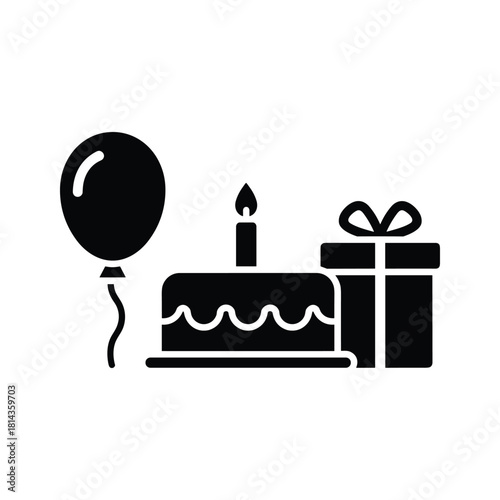 Black silhouette of birthday cake with candle balloon and gift box vector