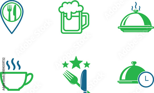 Food and Drink Icons Representing Various Restaurant Concepts and Culinary Themes for Websites and Mobile Applications Including Location Beer Coffee and Restaurant Rating