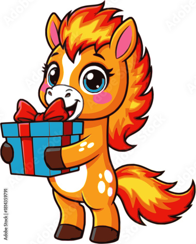 Fiery foal hugging a ribboned package