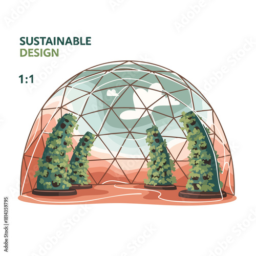 A geodesic dome greenhouse with plants climbing inside, creating a sustainable and eco-friendly environment for growing food and promoting environmental awareness.