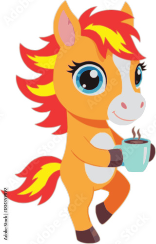 Fiery foal sipping a warm mug