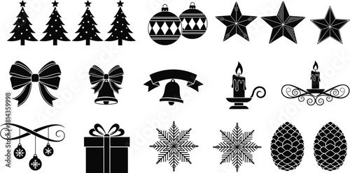 Christmas silhouette icon bundle, festive holiday elements including trees, stars, ornaments, bows, candles, snowflakes, gift box, pine cones, winter decoration set