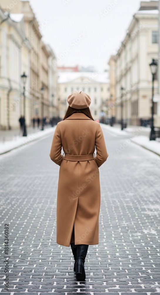 Fototapeta premium Back view of elegant woman in beige coat and beret walking away on snowy cobblestone city street, stylish winter urban fashion lifestyle vertical