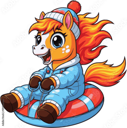 Fiery foal on a fast inflatable sled