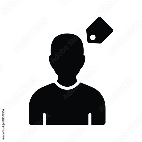 Black silhouette of person with tag above head on white background woman