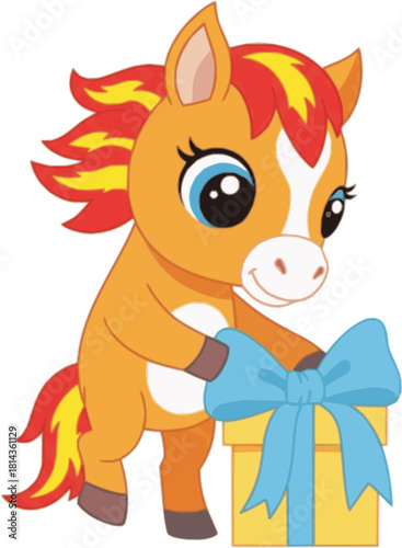 Fiery foal posing by a giant surprise box