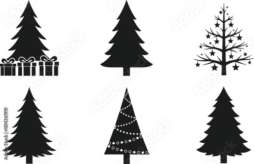Christmas tree silhouette set, festive icons, black and white, holiday clipart, gift base, ornament branches, seasonal graphic design