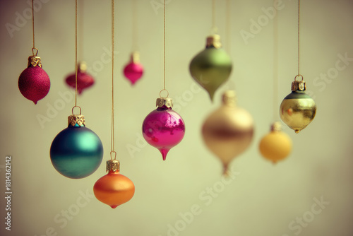 Colorful Christmas ornaments hanging blurred soft background festive holiday decoration shiny glass baubles gold string joyful atmosphere vibrant surreal celebration