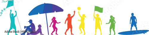Colorful beach activity silhouettes of people flying kites, relaxing, playing ball, surfing, and enjoying summer fun, vector vacation illustration
