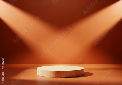 Empty pedestal illuminated by dramatic spotlights against a warm orange background