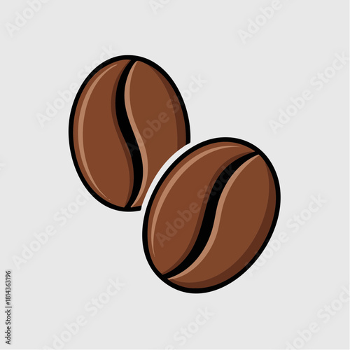 Two brown coffee beans with a distinct central groove on a light gray background.