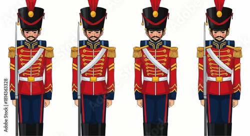 Four uniformed toy soldiers standing in a row with red coats and black hats with red feathers on top
