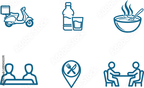 Food Delivery Service and Dining Out Illustration Featuring a Scooter Water Soup People Location Pin and Table Conversation Pictograms