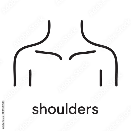 Simple line art illustration depicting human shoulders and collarbones with the word shoulders below them