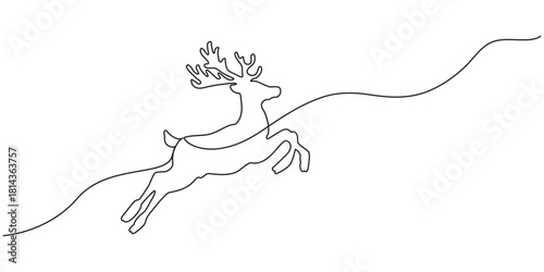 Continuous one line drawing of deer. Silhouette of deer for Christmas symbol. Editable stroke. Vector illustration.Christmas Reindeer Silhouette Line Art