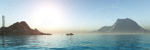 Panorama of sea sunset, ocean sunrise, seascape, 3d rendering
