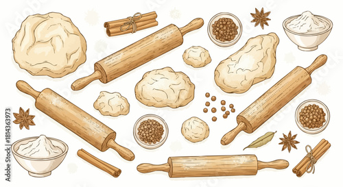 Illustration showing dough balls, rolling pins, spices, cinnamon sticks and bowls on a white backdrop