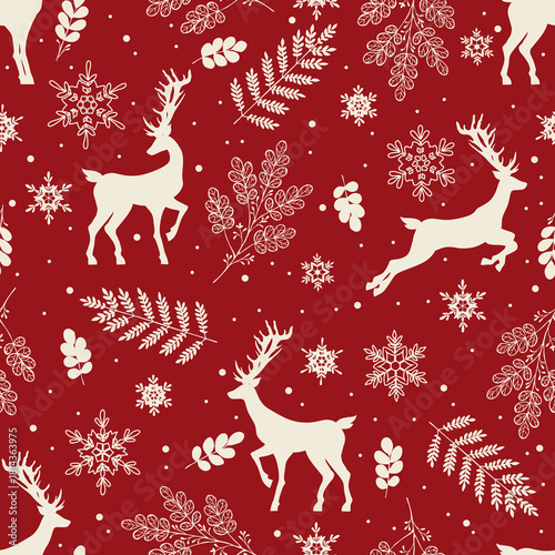 Winter red holiday pattern. Seamless background with deers, snowflakes, herbs. Celebration design for paper, cover, fabric, interior decor.