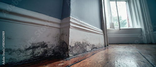 Close up of dark black mold growth on the baseboard and wall in a room with a wooden floor and window