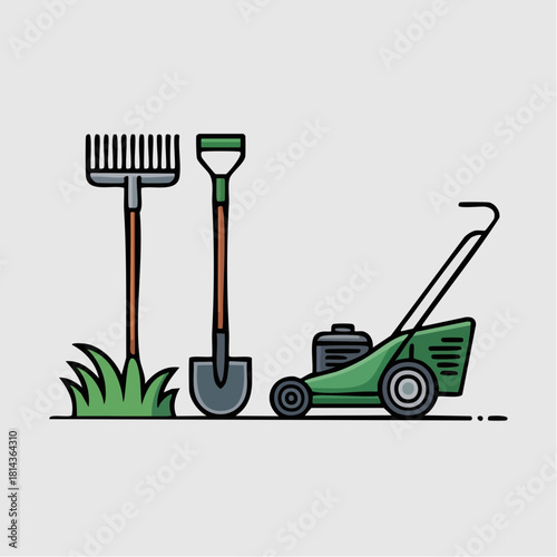 Illustration of gardening tools including a rake, shovel, and lawnmower on a patch of green grass, ready for yard work.