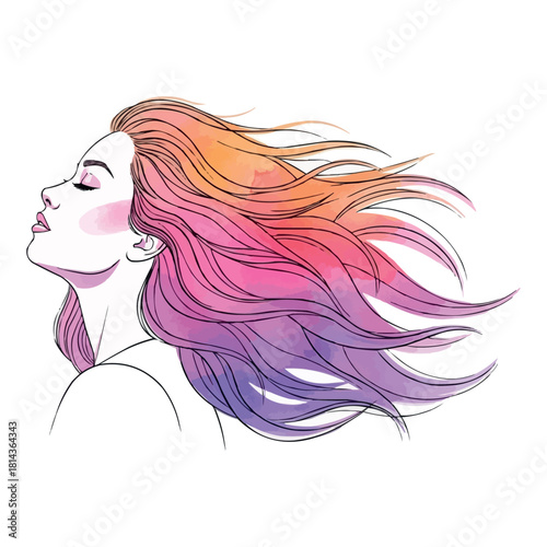 Watercolor portrait of woman with flowing colorful hair isolated on white background