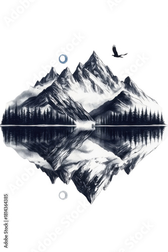 mountain ridge rendered in realistic black and grey with seven summits mirrored in a glassy lake, 