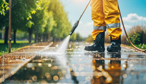 Worker cleaning pavement with high pressure washer system
