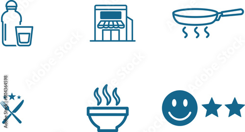 Restaurant and Dining Icons Collection Featuring Water Store Pan Soup and Customer Satisfaction Depicted with Clean Line Art Minimalistic Approach