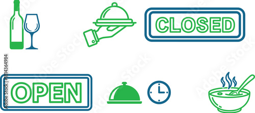 Restaurant and Food Service Icons Representing Status and Time related graphics for business use with wine and dining options in simple line art style isolated